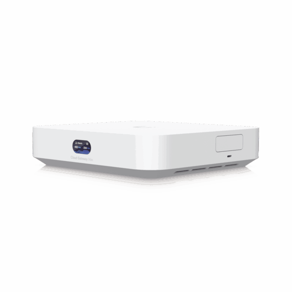 UniFi Cloud Gateway MAX, Router con todos los servicios UniFi, administra hasta 30 dispositivos UniFi y 300 clientes. 1 pto WAN 2.5G, 4 pts LAN 1G (uno configurable como WAN), seguridad IDS/IPS, VPN, bloqueo de apps/URLs, 512 GB memoria interna