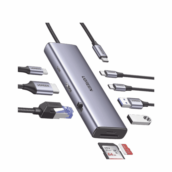HUB USB-C (Docking Revodok) 9 en 1 | 2 USB-A 3.0 (5Gbps) | 2 USB-C (5Gbps) | USB-C PD Carga 100W | HDMI 4K@60Hz | RJ45 (Gigabit Ethernet) | Lector Tarjetas SD + Micro SD (TF) Simultáneo | Chip de Última Generación | Caja de Aluminio.