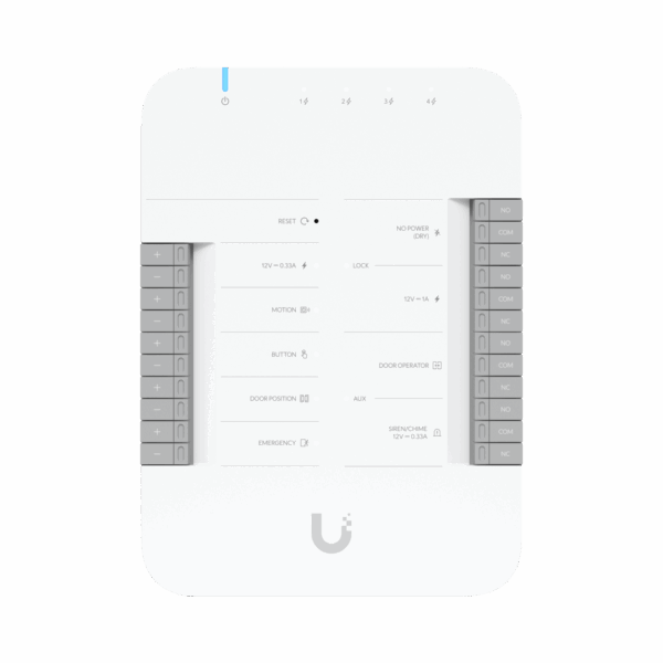 UniFi Access Hub Door, puede conectar 2 lectores y 2 cámaras (no incluidos) para controlar solo una puerta / 2 terminales AUX y 4 entradas adicionales (sensores y botones) POE 802.3bt no incluido
