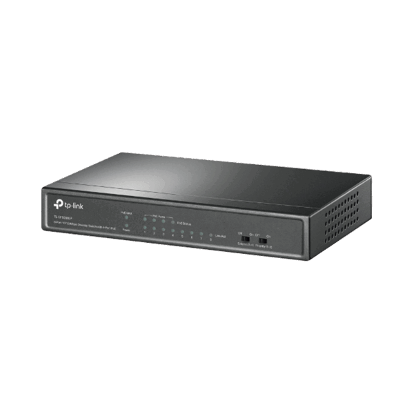 Switch PoE No Administrable de Escritorio / 8 puertos 10/100 Mbps / 4 puertos PoE af / Presupuesto 41 W / Modo extensor PoE hasta 250 metros / Calidad video prioritaria