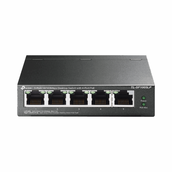 Switch PoE No Administrable de Escritorio / 5 puertos 10/100 Mbps / 4 puertos PoE af / Presupuesto 41 W / Modo extensor PoE hasta 250 metros / Calidad video prioritaria