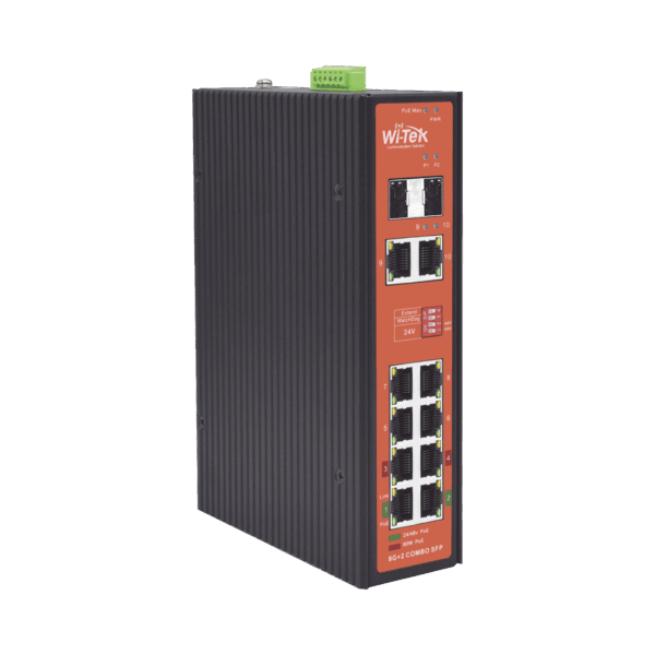 Switch PoE Industrial No administrable / Puertos 1-2 PoE 802.3 af/at y PoE 24 Vcc Pasivo 30W / Puertos 3-4 PoE 802.3 af/at/bt Hasta 60W / Puertos 5-8 PoE 802.3 af/at Hasta 30W / Los 8 puertos son Gigabit + 2 SFP combo / Presupuesto 300W
