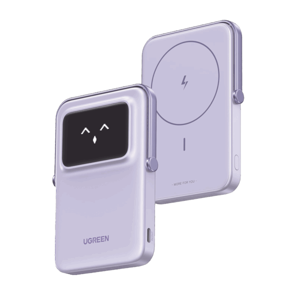 Power Bank Inalambrico | 5000mAh | 7.5W  |  Con Emojis de Estado | Carga Rápida USB-C Bidireccional  | Pantalla TFT  Inteligente | 13 niveles de Proteccion | Con Holder | Color Purple.