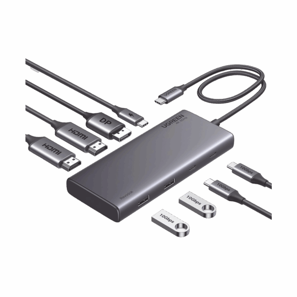 HUB USB-C (Docking Revodok 308) 8 en 1 | 2 Puertos HDMI 4K@60Hz | 1 Puerto DisplayPort 4K@60Hz 2 USB-A 10Gbps) | 2 USB-C (10Gbps) | USB-C PD Carga 100W | Chip de Ultima Generacion | Carcasa de Aluminio.