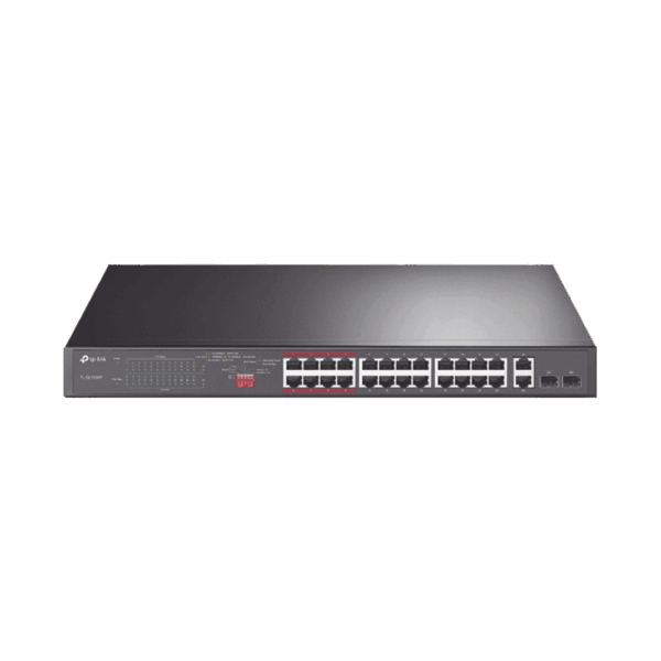 Switch No Administrable 24 Puertos PoE+ 10/100 Mbps / 2 Puertos 10/100/1000 Mbps + 2 Puertos SFP (combo) / Modo Prioridad de Tráfico / Modo Aislamiento de Red / Presupuesto PoE de 250 W / Diseño para Ideal para Vigilancia IP