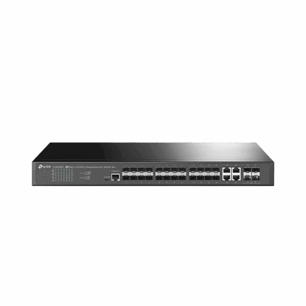 Switch de Fibra Óptica L2+ Omada / 24 puertos SFP 1GE / 4 Puertos Combinados SFP+/RJ45 Gigabit / 2 Puertos Consola RJ45|micro-SUB / Administración Centralizada Omada o Stand-Alone / Compatile con IPv6 /  Multicast IGMP