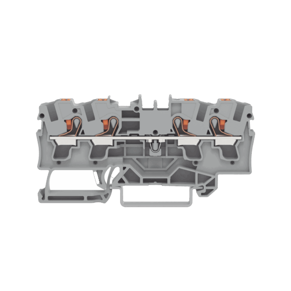 Borna de paso para 4 conductores; con tecla; 4 mm²; con orificio de prueba; Marcaje lateral y central; para carril DIN 35 x 15 y 35 x 7,5; Push-in CAGE CLAMP®; 4,00 mm²; gris