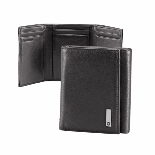 Cartera Athens Negra de Piel con Compartimento de Micromalla para ID. Doblable en 3 Partes con Divisor de Billetes. Pocket Wallet