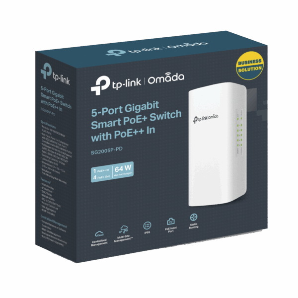 Switch PoE Omada Para Exterior / 1 Puerto PoE++ IN 802.3 af/at/bt / 4 Puertos PoE+ OUT Gigabit / Adminstración Centralizada Omada
