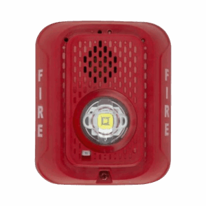 Sirena con Lámpara LED Estroboscópica / a 2 Hilos / Montaje en Pared / 24 Vcd / Configuración Estroboscópica Seleccionable / Texto en Inglés / Color Rojo