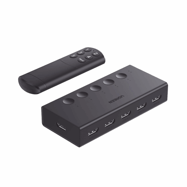Conmutador HDMI 5X1 | 4K@60Hz | HDMI 2.0, 1.4 |  HDCP 2.2, 1.4 | VRR | Dynamic HDR | 3D | CEC | EDID | IR 10m | 18Gbps | Cambio Manual y por Control Remoto |  Incluye Cable de Alimentación USB.