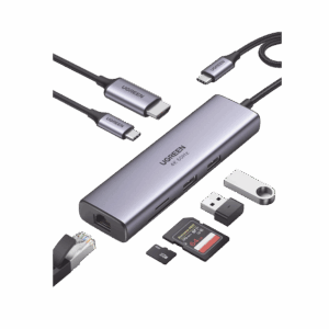 HUB USB-C (Docking Station) 7 en 1 | 2 USB-A 3.0 (5Gbps) | 1 USB-C PD Carga 100W | HDMI 4K@60Hz | RJ45 (Gigabit Ethernet) | Lector Tarjetas SD + Micro SD (TF) Uso Simultáneo | Cable de Nylon Trenzado | Caja de Aluminio.