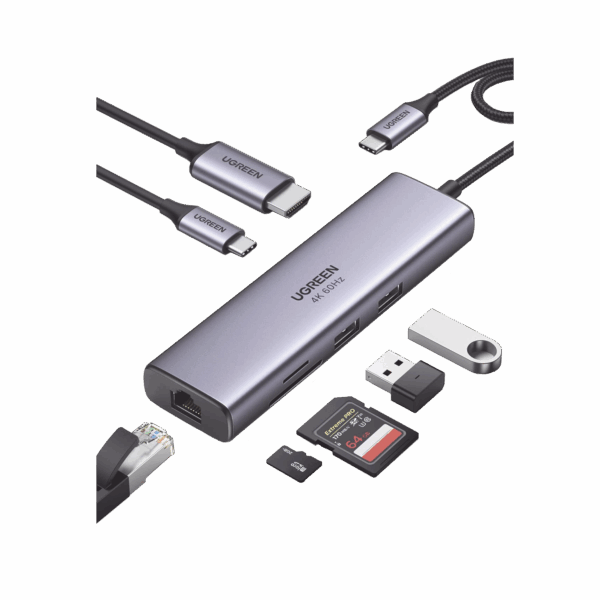 HUB USB-C (Docking Station) 7 en 1 | 2 USB-A 3.0 (5Gbps) | 1 USB-C PD Carga 100W | HDMI 4K@60Hz | RJ45 (Gigabit Ethernet) | Lector Tarjetas SD + Micro SD (TF) Uso Simultáneo | Cable de Nylon Trenzado | Caja de Aluminio.