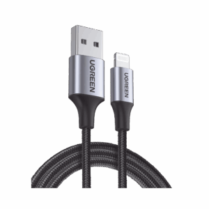 Cable USB-A a Lightning | 1 Metro | Certificado MFi | Carga Rápida 5V/2.4 A | 480 Mbps | Conector C94 | Adecuado para iPhone, iPad y iPod | Protección Integrada | Caja de Aluminio | Nylon Trenzado | Color Negro.