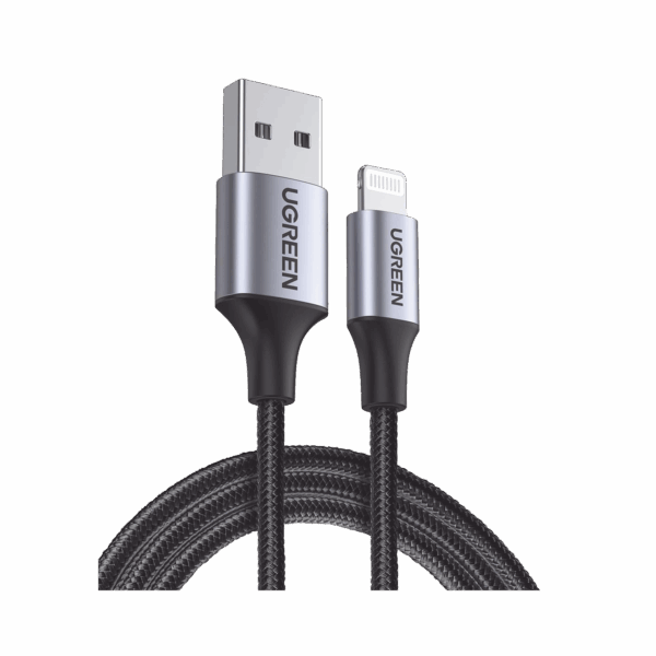 Cable USB-A a Lightning | 1 Metro | Certificado MFi | Carga Rápida 5V/2.4 A | 480 Mbps | Conector C94 | Adecuado para iPhone, iPad y iPod | Protección Integrada | Caja de Aluminio | Nylon Trenzado | Color Negro.