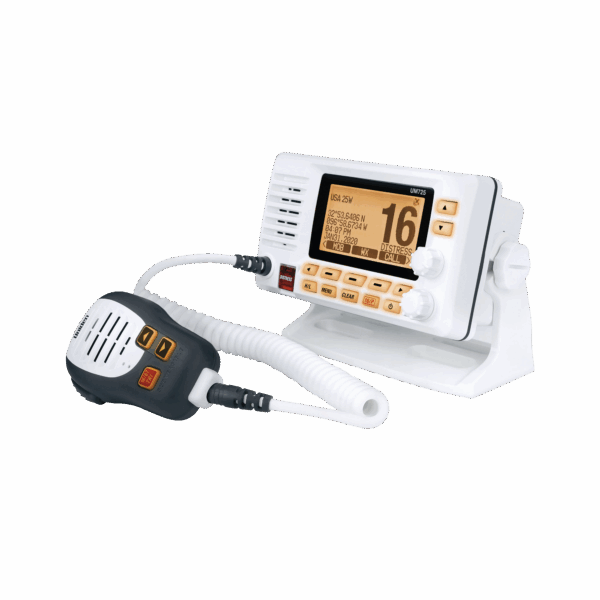 Radio Móvil Marino VHF, color blanco con receptor de GPS integrado, puerto de conexión NMEA 2000, 25W de potencia de RF, sumergible IPX8.