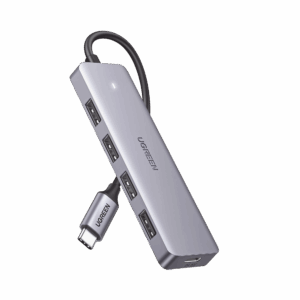 HUB USB-C 3.0 4 EN 1 | 4 Puertos USB-A (5Gbps) | Carcasa ABS + PC | Soporta OTG | Luz Indicadora LED | Compatible con iPhone 15 Pro MAX) | Interfaz Niquelada | Color Gris Metalizado | Cable de 15cm.