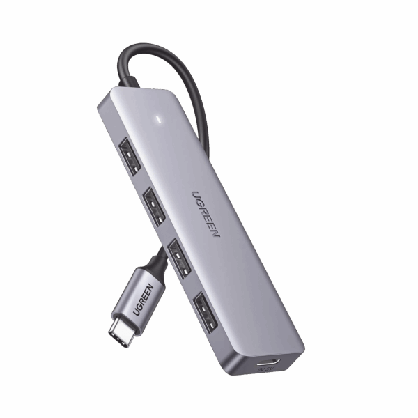 HUB USB-C 3.0 4 EN 1 | 4 Puertos USB-A (5Gbps) | Carcasa ABS + PC | Soporta OTG | Luz Indicadora LED | Compatible con iPhone 15 Pro MAX) | Interfaz Niquelada | Color Gris Metalizado | Cable de 15cm.