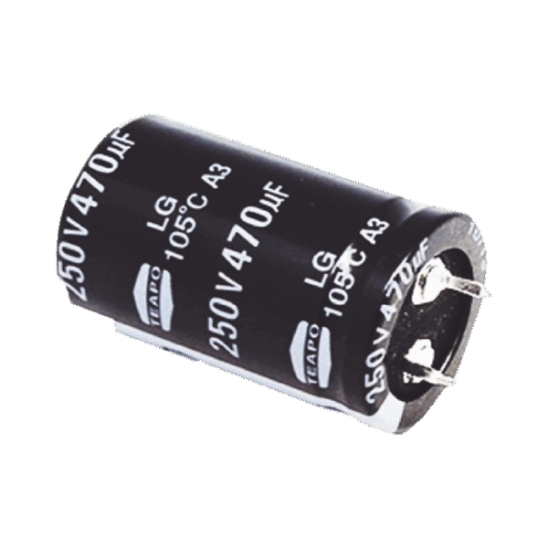 Capacitor Electrolítico de Aluminio, Radial de 470 µFd, 250 Vcc, 105 °C, 25 x 40 mm.