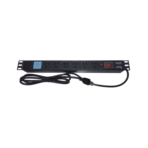 Tomacorriente Horizontal (PDU) de 6 contactos (NEMA 5-15R) + 2 USB para instalación en Rack de 19", 1UR, 125 Vca/ 15 A (THE0040091001001)