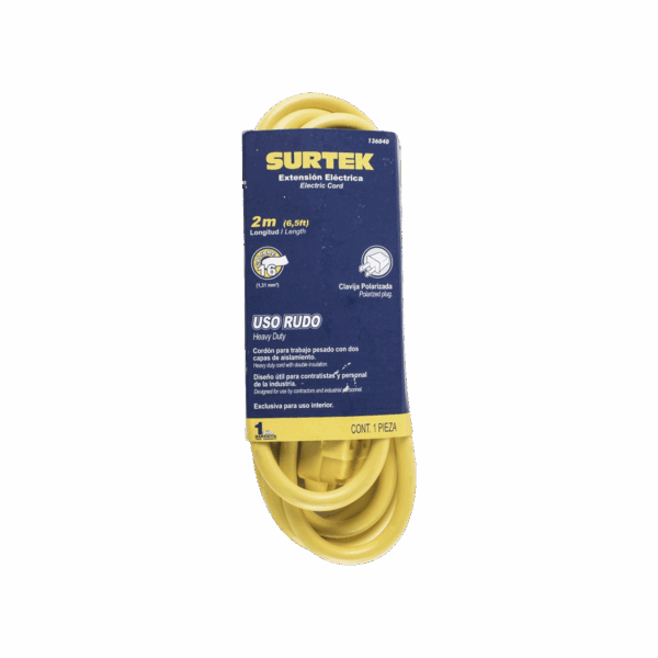 Extensión Eléctrica de Uso Rudo 2 metros / 127 V CA 10 A Máximo /  Color Amarillo.