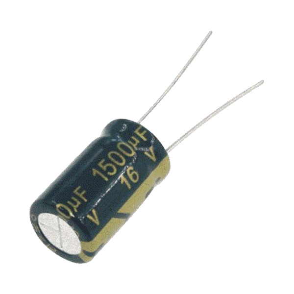 Capacitor Electrolítico de Aluminio, Radial de 1500 µFd, 16 Vcc, 105 °C, 10 x 20 mm.