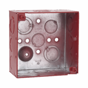 Caja Cuadrada Galvanizada  de 4″ /Profundidad de 2 1/8″ / Cuenta con 11 KO de 1/2″ y 6 TKO (1/2″ – 3/4″)/ Color Rojo.