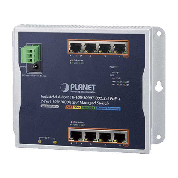 Switch Industrial PoE Administrable de Pared Capa 2, 8 Puertos Gigabit PoE 802.3at y 2 Puertos 100/1000X SFP