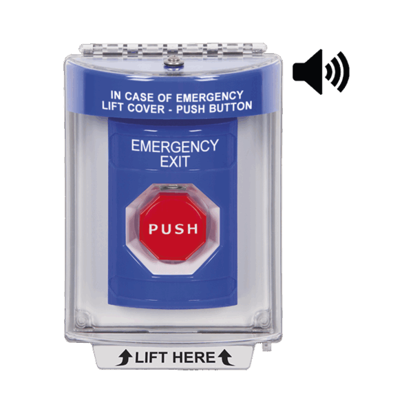Botón De Salida De Emergencia Con Bocina De Advertencia Integrada, Interior/Exterior, Texto En Ingles, Tapa Protectora De Policarbonato Súper Resistente, Neumático