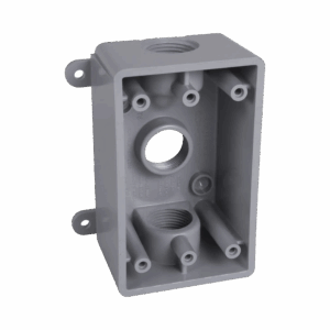 Caja Impermeable de 1 Gang / Profundidad de 2″/ Cuenta con 3 Salidas roscadas para tubería de 1/2″ ó 3/4″/ Color Gris.