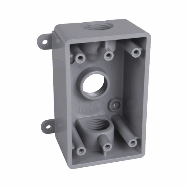 Caja Impermeable de 1 Gang / Profundidad de 2"/ Cuenta con 3 Salidas roscadas para tubería de 1/2" ó 3/4"/ Color Gris.