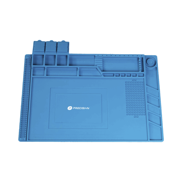 Tapete de silicona de 45 x 30 cm, resistente al calor con áreas magnéticas y de almacenamiento de componentes, ideal para la reparación de equipos y tarjetas electrónicas.