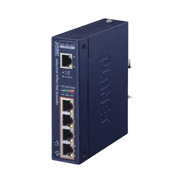 Extensor Industrial PoE, Entrada PoE 802.3 bt  y 4 Puertos de Salida Gigabit 802.3 af/at