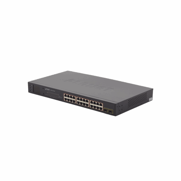 Switch PoE de 24 Puertos Gigabit 802.3af/at con Modo Extendido 250 m, 2 Puertos SFP 1000SX , Pantalla LCD para Configuración Básica, Hasta 300 W para PoE