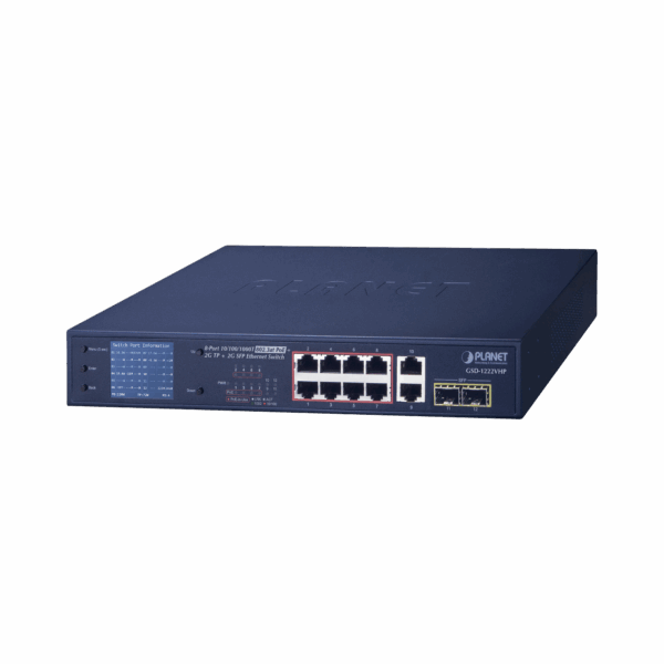 Switch No Administrable 8 Puertos Gigabit con Modo Extend PoE a 250 mts, 2 puertos Uplink 10/100/1000 Mbps, 2 Puertos SFP