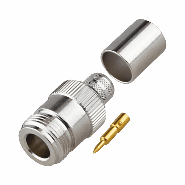 Conector N Hembra Inverso de Anillo Plegable para Cables 9913, RG-8/U, LMR-400, Grupo I, Níquel/ Oro/ Teflón.