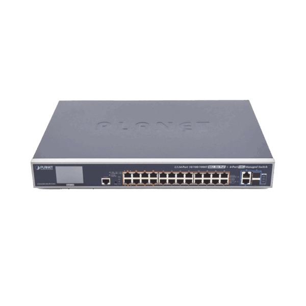 Switch Administrable L3, 24 puertos Gigabit PoE 802.3bt, 2 puertos 10G SFP+, Pantalla Tactil, Fuente Redundante, (600W)