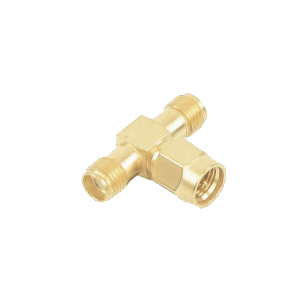 Adaptador en T, de Conector SMA Macho a Doble SMA Hembras, Oro/ Oro/ Teflón.