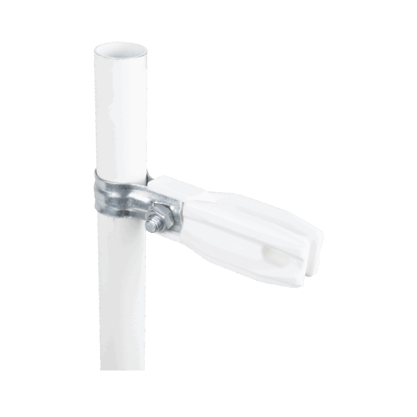 Aislador de paso o esquina de color BLANCO con abrazadera incluida de 1 Pulgada para uso en poste cerco eléctrico