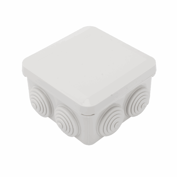 Caja Derivación-Conexión de Plástico (89 X 89 X 50 mm) con 7 Glándulas de Goma. Para Instalaciones Comerciales,  Residenciales e Industriales. Cerrado a Presión.