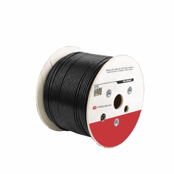 Bobina de cable de UTP de 4 pares Cat5e de 305 m (1000 ft), 100% Cobre, LDPE Resistente a rayos UV Relleno de Gel, Color Negro, 24 AWG, Uso en Exterior,  Para Aplicaciones de Voz, Datos y Video