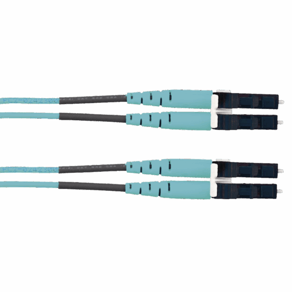 Jumper de Fibra Optica Multimodo 50/125 OM3, LC-LC Duplex, LSZH (Cero Halógenos), Color Aqua, 2 Metros