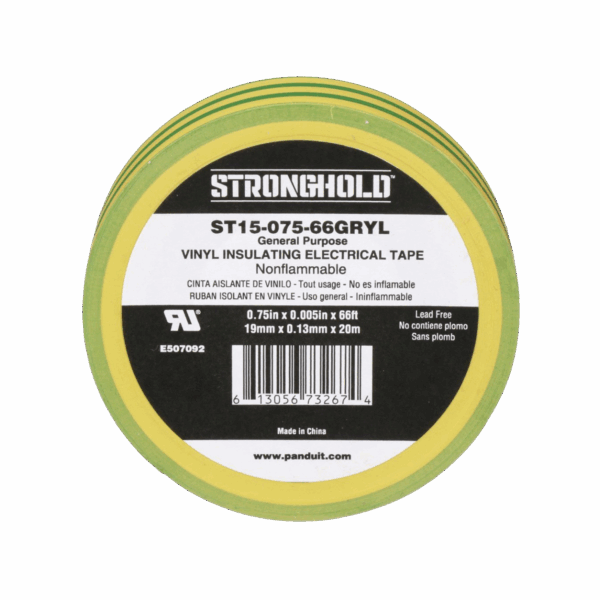Cinta Eléctrica STRONGHOLD para Aislar, de PVC, Uso Construcción General en Tierras Físicas, Grosor de 0.13 mm (5 mil), Ancho de 19.05 mm, y 20.12 m de Largo, Color Amarillo/Verde.