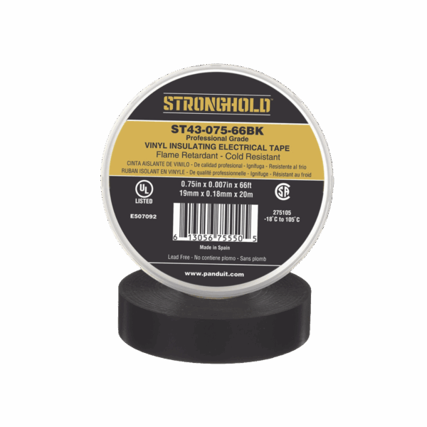 Cinta Eléctrica STRONGHOLD para Aislar, de PVC, Uso Profesional en Construcción Eléctrica, Grosor 0.18mm (7 mil), Ancho 19mm, y 20m Largo, Color Negro.