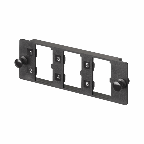 Placa Modular FAP de 6 Puertos Mini-Com, Acepta Módulos de Fibra Óptica, Cobre o Audio y Video, Color Negro