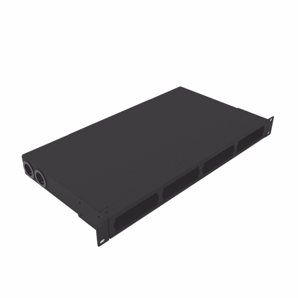 Distribuidor de fibra óptica vacio 19in, Acepta 4 placas Acopladoras de Linkedpro, hasta 24 fibras, 1UR, Incluye charola de empalme