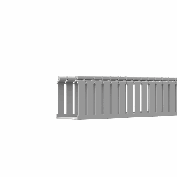 Canaleta Ranurada de PVC con Tapa, Tipo F, 108 mm de Ancho, 79.2 mm de Alto y 2 m de Largo, Color Gris