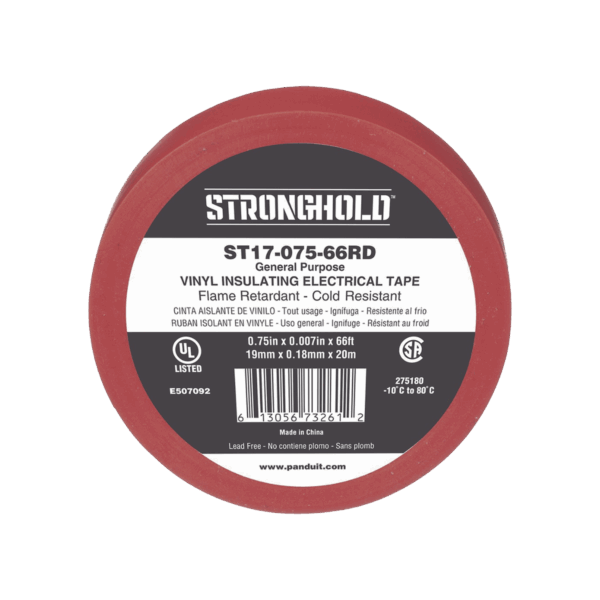 Cinta Eléctrica STRONGHOLD para Aislar, de PVC, Uso General Reparación y Mantenimiento, Grosor de 0.18mm (7 mil), Ancho de 19mm, y 20.12m de Largo, Color Rojo