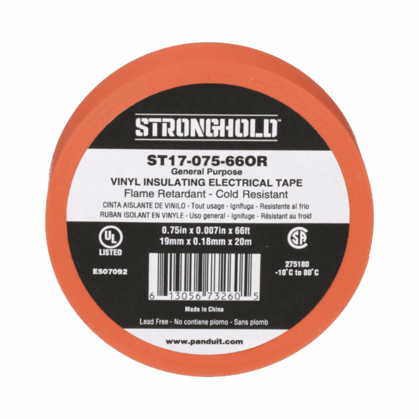 Cinta Eléctrica STRONGHOLD para Aislar, de PVC, Uso General Reparación y Mantenimiento, Grosor de 0.18mm (7 mil), Ancho de 19mm, y 20.12m de Largo, Color Naranja