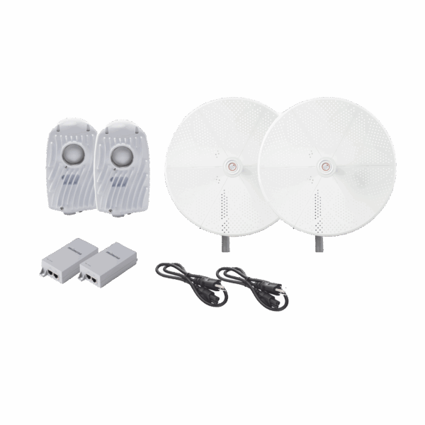 Kit de 2 radios B5X con antenasTXPD34B5X de (34 dBi), rango de frecuencia extendida (4.9 a 6.4 GHz),  incluye inyector POE, cable de alimentación y  para alineación, distancia de hasta 40 km